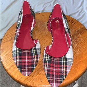 Isaac Mizrahi New York Red Tartan Plaid D’Orsay Flats Size 9.5 black white red